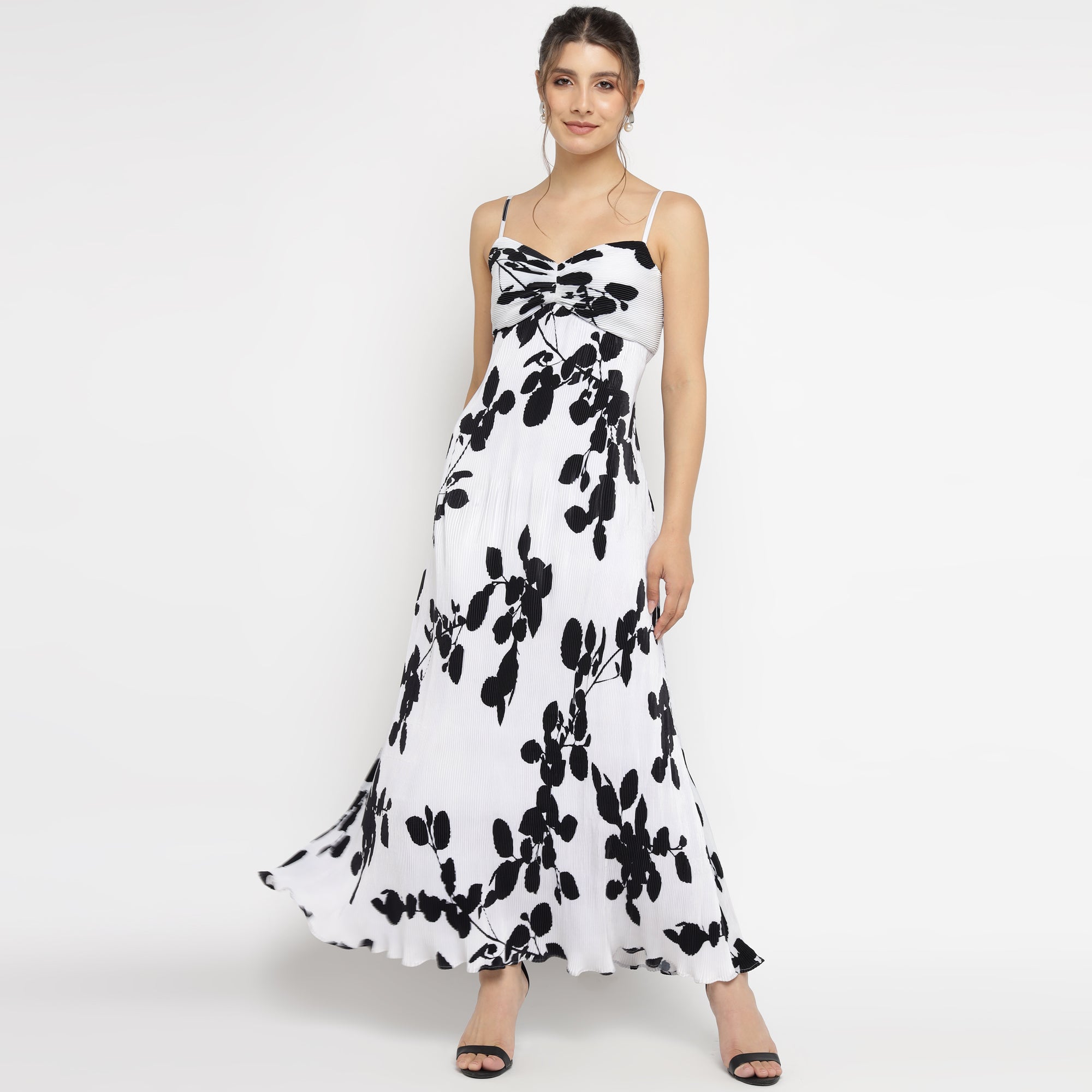 White & Black Print Spaghetti Maxi Dress